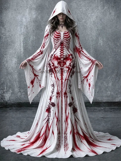 Halloween Day of The Dead Women Gothic Hooded Gown Skeleton Rose Print Flared Sleeve Dress Witch Vampire Party Cosplay Costumes