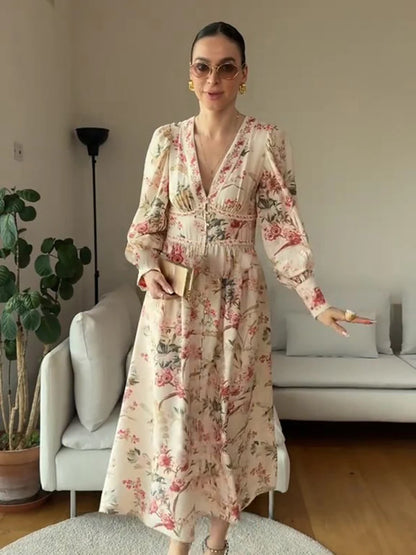 Elegant Vintage Floral Long Dress with Puff Sleeves