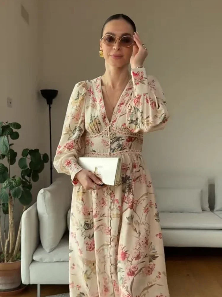 Elegant Vintage Floral Long Dress with Puff Sleeves