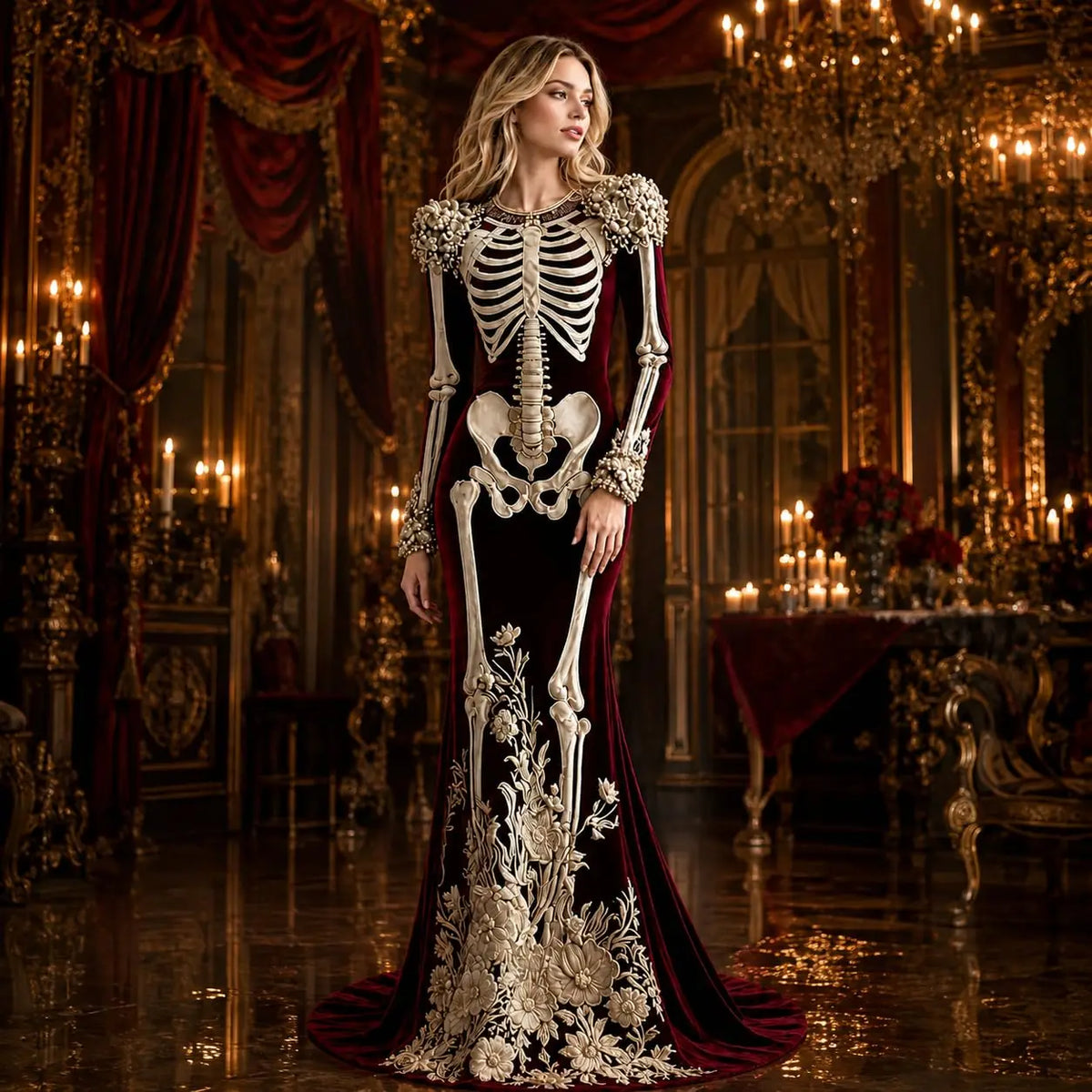 Women Skeleton Dress 3D Print Velvet Floral Long Sleeve Halloween Costumes,Cosplay Party Events Witch Gothic Medieval Dresses
