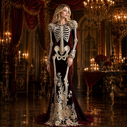 Women Skeleton Dress 3D Print Velvet Floral Long Sleeve Halloween Costumes,Cosplay Party Events Witch Gothic Medieval Dresses