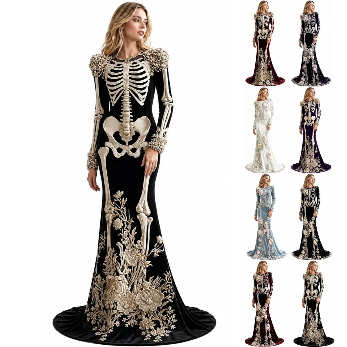 Women Skeleton Dress 3D Print Velvet Floral Long Sleeve Halloween Costumes,Cosplay Party Events Witch Gothic Medieval Dresses