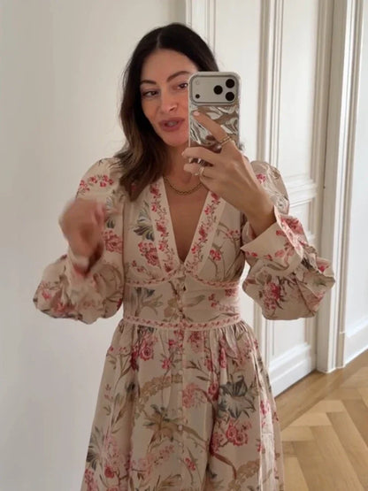 Elegant Vintage Floral Long Dress with Puff Sleeves