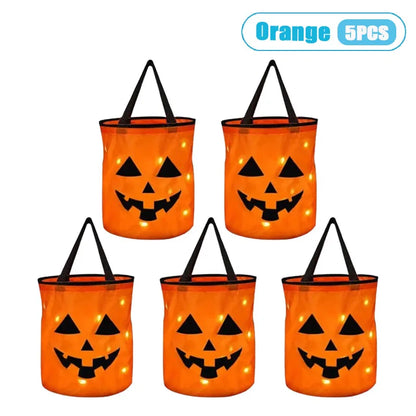 1-10PCS LED Light Up Halloween Pumpkin Candy Basket Glowing Treat Tote Bag for Trick or Treat Party Home Decoration Gift