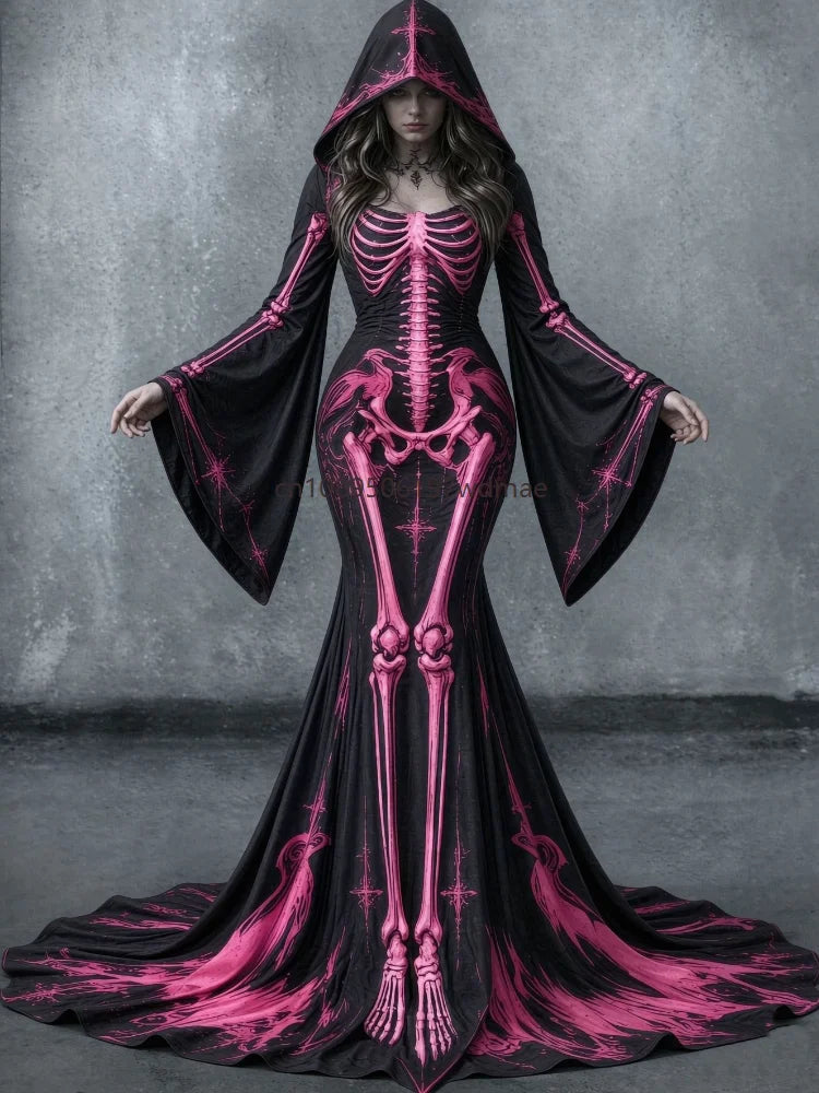 Halloween Day of The Dead Women Gothic Hooded Gown Skeleton Rose Print Flared Sleeve Dress Witch Vampire Party Cosplay Costumes