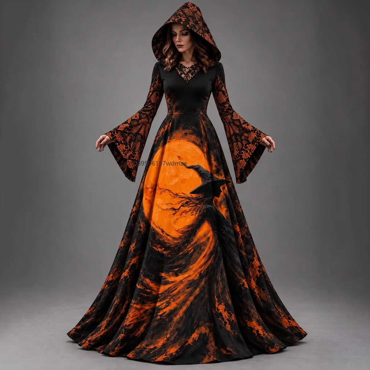 Halloween Day of The Dead Women Gothic Hooded Gown Skeleton Rose Print Flared Sleeve Dress Witch Vampire Party Cosplay Costumes