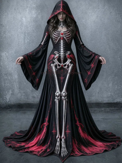 Halloween Day of The Dead Women Gothic Hooded Gown Skeleton Rose Print Flared Sleeve Dress Witch Vampire Party Cosplay Costumes
