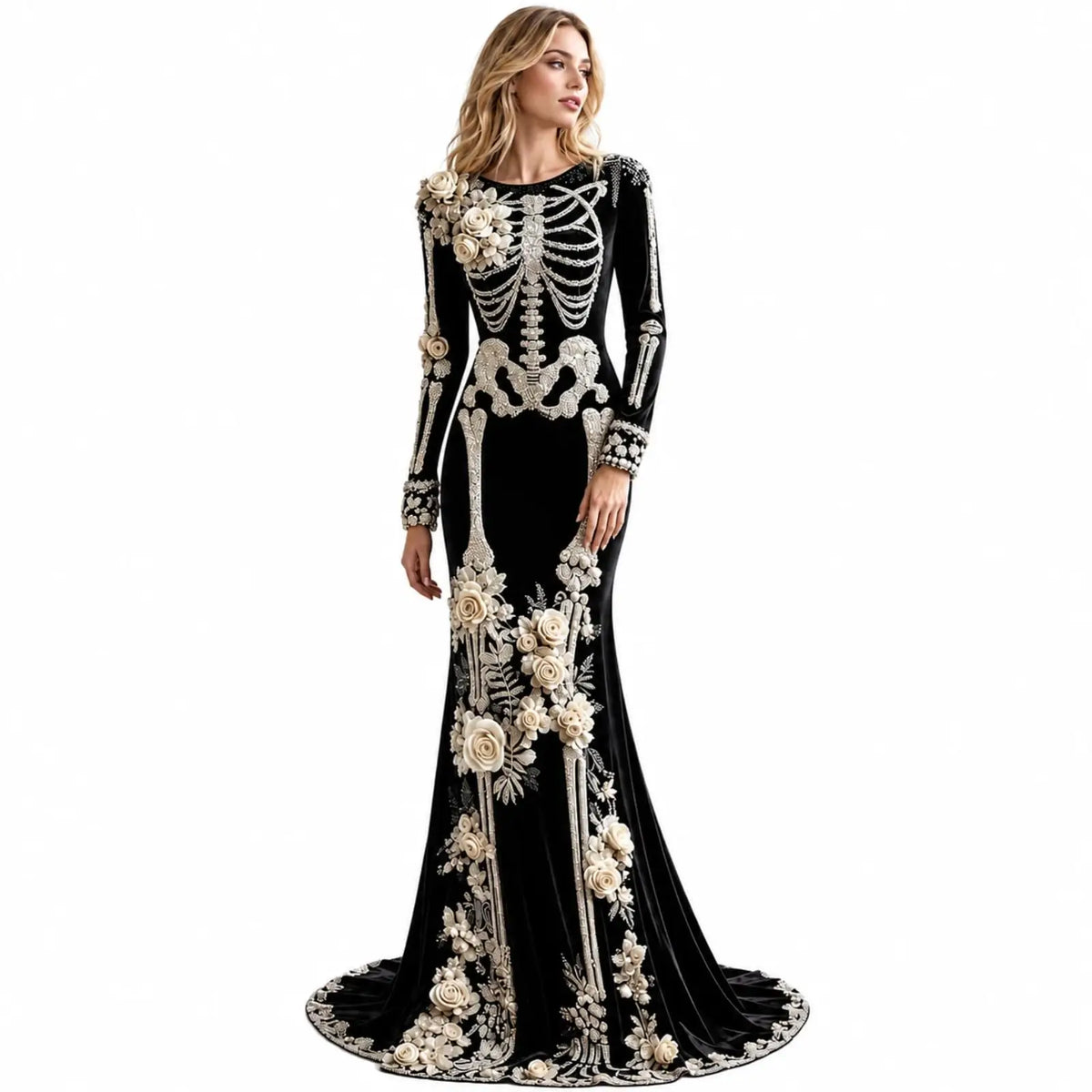 Women Skeleton Dress 3D Print Velvet Floral Long Sleeve Halloween Costumes,Cosplay Party Events Witch Gothic Medieval Dresses