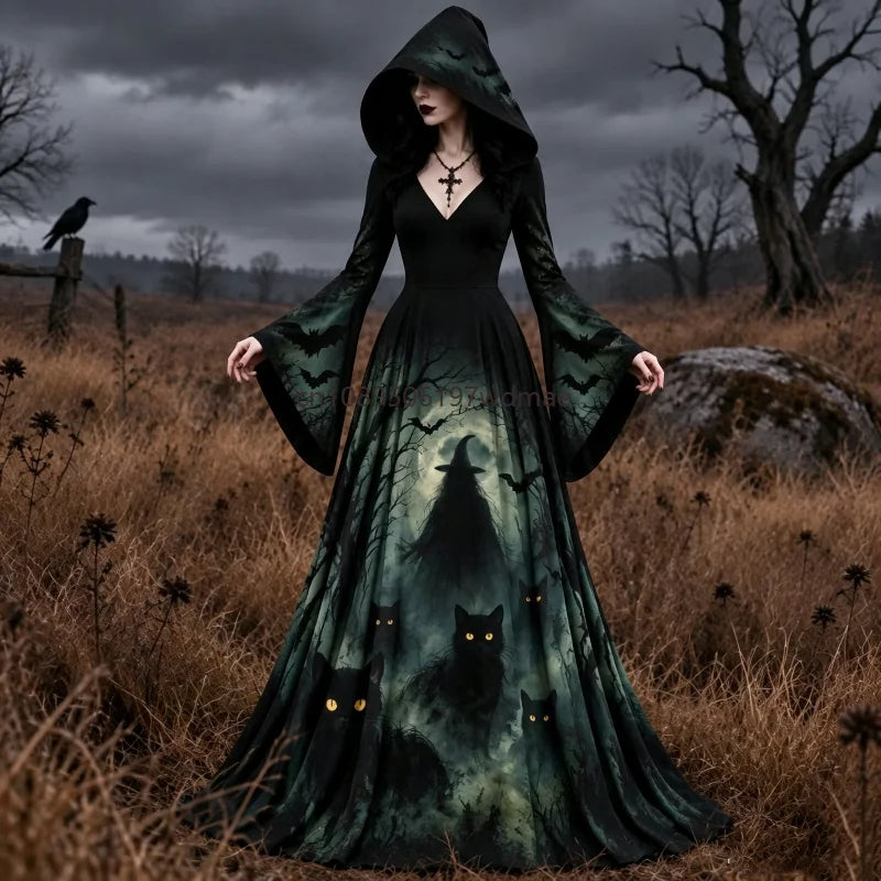 Halloween Day of The Dead Women Gothic Hooded Gown Skeleton Rose Print Flared Sleeve Dress Witch Vampire Party Cosplay Costumes