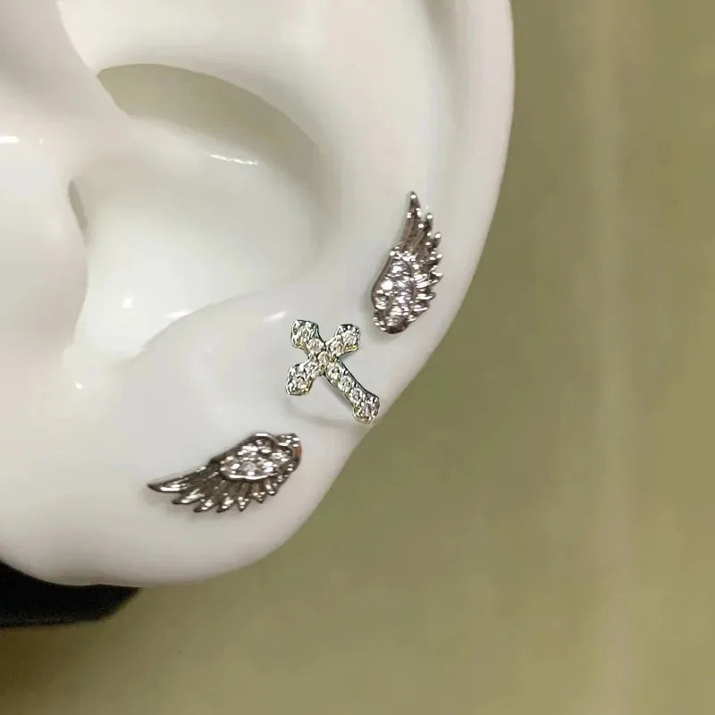 3Pcs Set Shiny Angel Wings Ear Studs