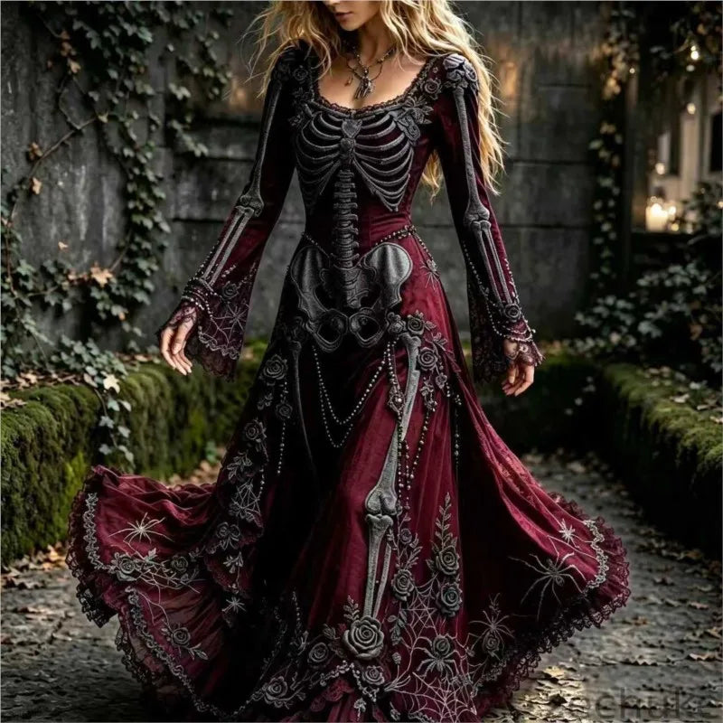 Women Halloween Skeleton Print Maxi Dress New Lace Flare Sleeve O-neck Floral Long Dress Cosplay Party Carnival Costume Dresses