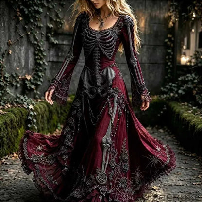 Women Halloween Skeleton Print Maxi Dress New Lace Flare Sleeve O-neck Floral Long Dress Cosplay Party Carnival Costume Dresses