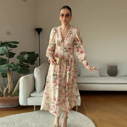 Elegant Vintage Floral Long Dress with Puff Sleeves