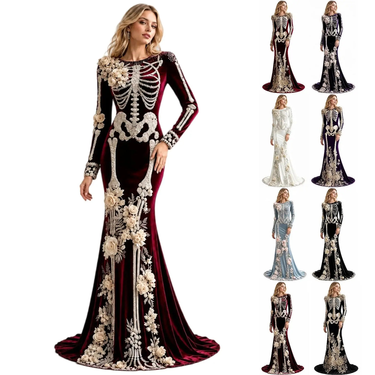 Women Skeleton Dress 3D Print Velvet Floral Long Sleeve Halloween Costumes,Cosplay Party Events Witch Gothic Medieval Dresses