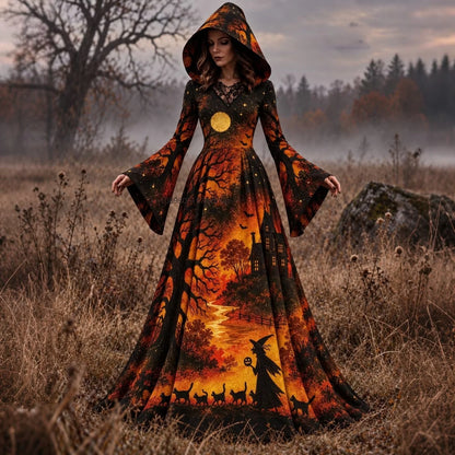 Halloween Day of The Dead Women Gothic Hooded Gown Skeleton Rose Print Flared Sleeve Dress Witch Vampire Party Cosplay Costumes