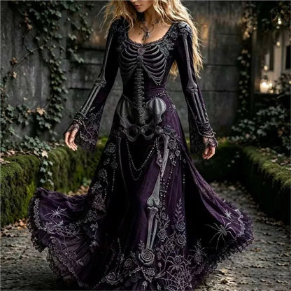 Women Halloween Skeleton Print Maxi Dress New Lace Flare Sleeve O-neck Floral Long Dress Cosplay Party Carnival Costume Dresses