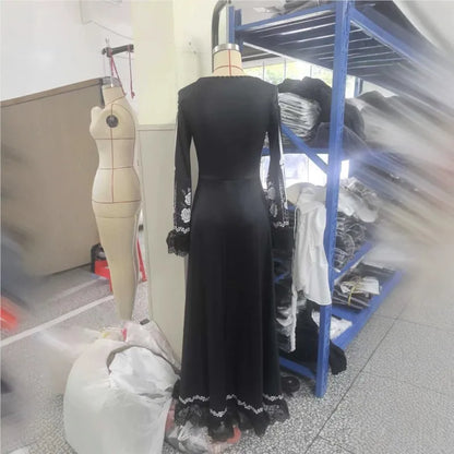 Women Halloween Skeleton Print Maxi Dress New Lace Flare Sleeve O-neck Floral Long Dress Cosplay Party Carnival Costume Dresses