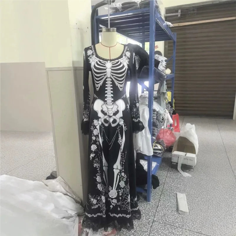 Women Halloween Skeleton Print Maxi Dress New Lace Flare Sleeve O-neck Floral Long Dress Cosplay Party Carnival Costume Dresses