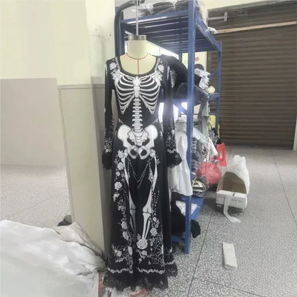 Women Halloween Skeleton Print Maxi Dress New Lace Flare Sleeve O-neck Floral Long Dress Cosplay Party Carnival Costume Dresses