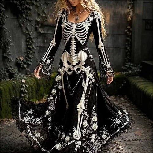 Women Halloween Skeleton Print Maxi Dress New Lace Flare Sleeve O-neck Floral Long Dress Cosplay Party Carnival Costume Dresses