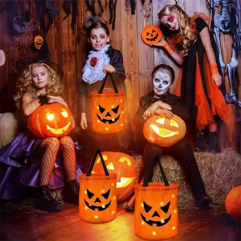 1-10PCS LED Light Up Halloween Pumpkin Candy Basket Glowing Treat Tote Bag for Trick or Treat Party Home Decoration Gift