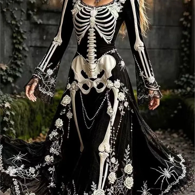 Women Halloween Skeleton Print Maxi Dress New Lace Flare Sleeve O-neck Floral Long Dress Cosplay Party Carnival Costume Dresses
