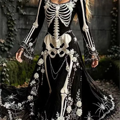 Women Halloween Skeleton Print Maxi Dress New Lace Flare Sleeve O-neck Floral Long Dress Cosplay Party Carnival Costume Dresses