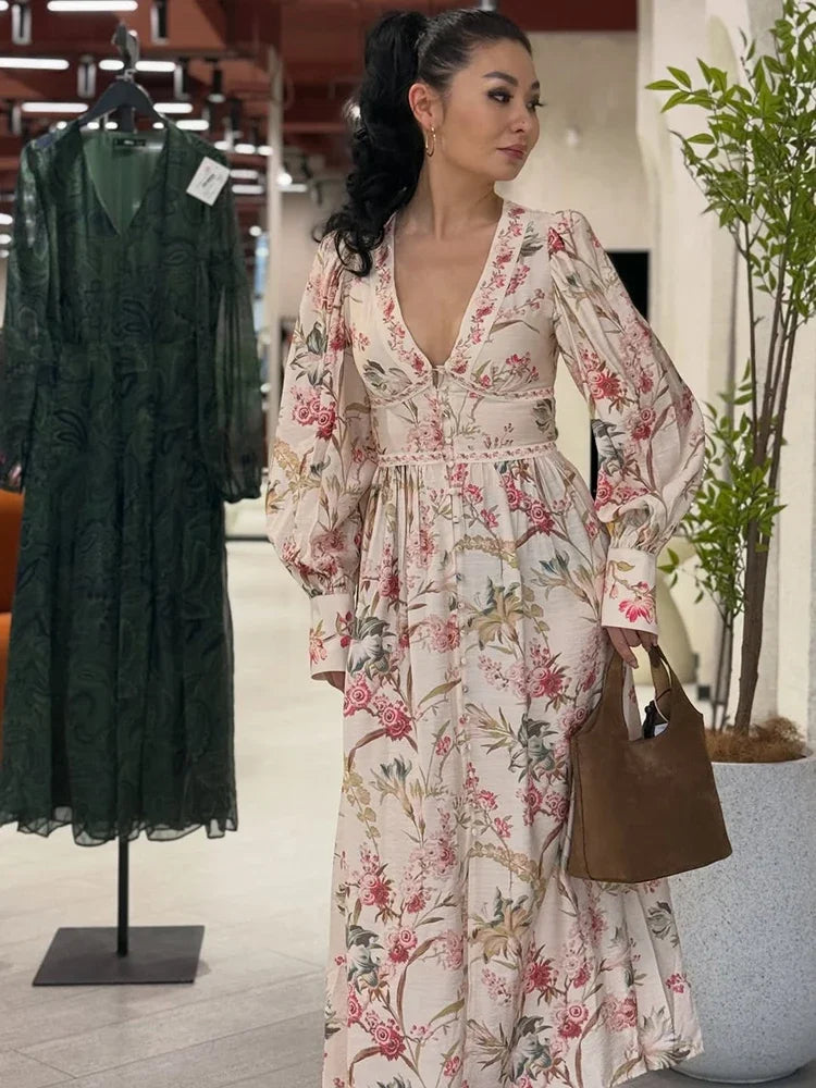 Elegant Vintage Floral Long Dress with Puff Sleeves