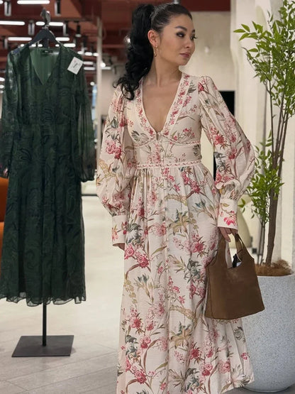 Elegant Vintage Floral Long Dress with Puff Sleeves