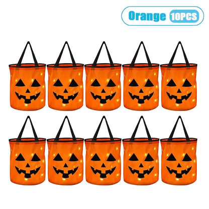 1-10PCS LED Light Up Halloween Pumpkin Candy Basket Glowing Treat Tote Bag for Trick or Treat Party Home Decoration Gift
