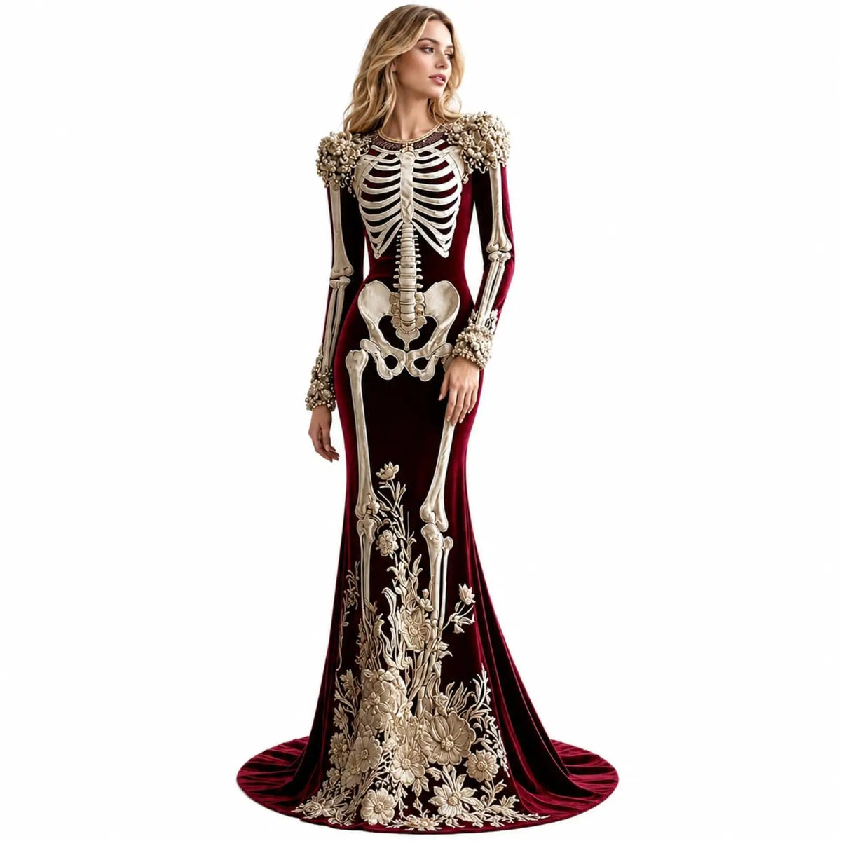 Women Skeleton Dress 3D Print Velvet Floral Long Sleeve Halloween Costumes,Cosplay Party Events Witch Gothic Medieval Dresses