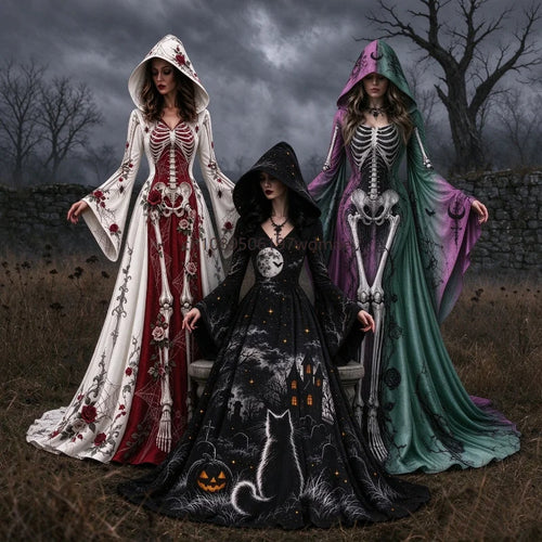 Halloween Day of The Dead Women Gothic Hooded Gown Skeleton Rose Print Flared Sleeve Dress Witch Vampire Party Cosplay Costumes