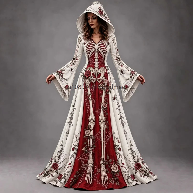 Halloween Day of The Dead Women Gothic Hooded Gown Skeleton Rose Print Flared Sleeve Dress Witch Vampire Party Cosplay Costumes