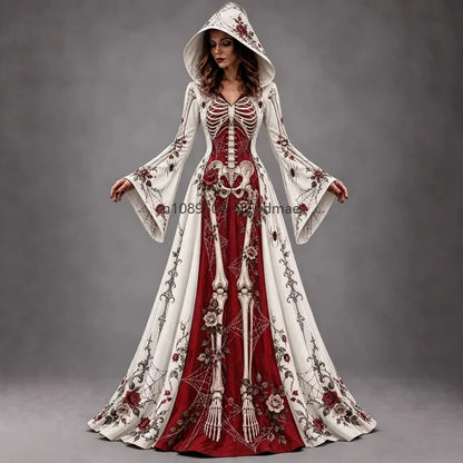 Halloween Day of The Dead Women Gothic Hooded Gown Skeleton Rose Print Flared Sleeve Dress Witch Vampire Party Cosplay Costumes