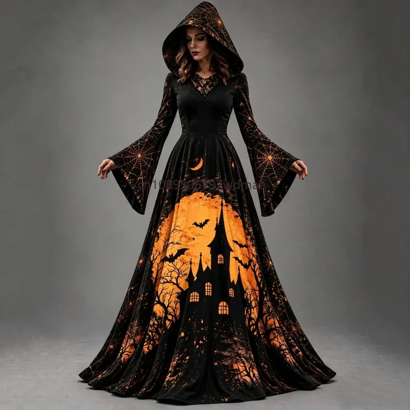 Halloween Day of The Dead Women Gothic Hooded Gown Skeleton Rose Print Flared Sleeve Dress Witch Vampire Party Cosplay Costumes