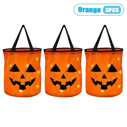 1-10PCS LED Light Up Halloween Pumpkin Candy Basket Glowing Treat Tote Bag for Trick or Treat Party Home Decoration Gift