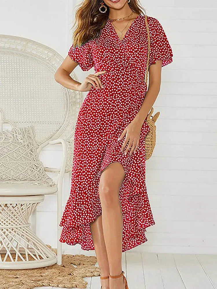 Casual Floral Chiffon High-Low Beach Maxi Dress