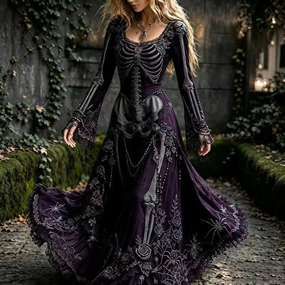 Women Halloween Skeleton Print Maxi Dress New Lace Flare Sleeve O-neck Floral Long Dress Cosplay Party Carnival Costume Dresses