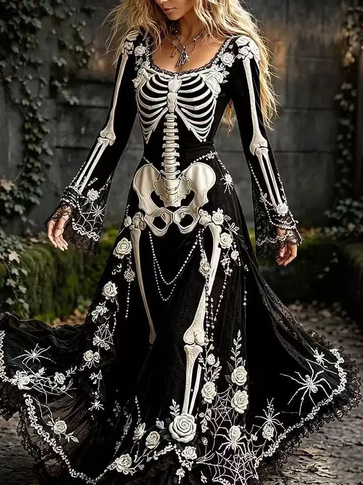Women Halloween Skeleton Print Maxi Dress New Lace Flare Sleeve O-neck Floral Long Dress Cosplay Party Carnival Costume Dresses