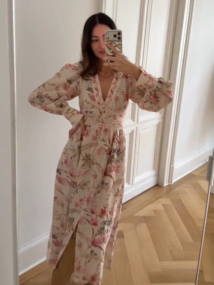 Elegant Vintage Floral Long Dress with Puff Sleeves