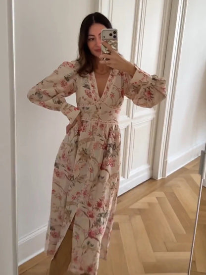 Elegant Vintage Floral Long Dress with Puff Sleeves