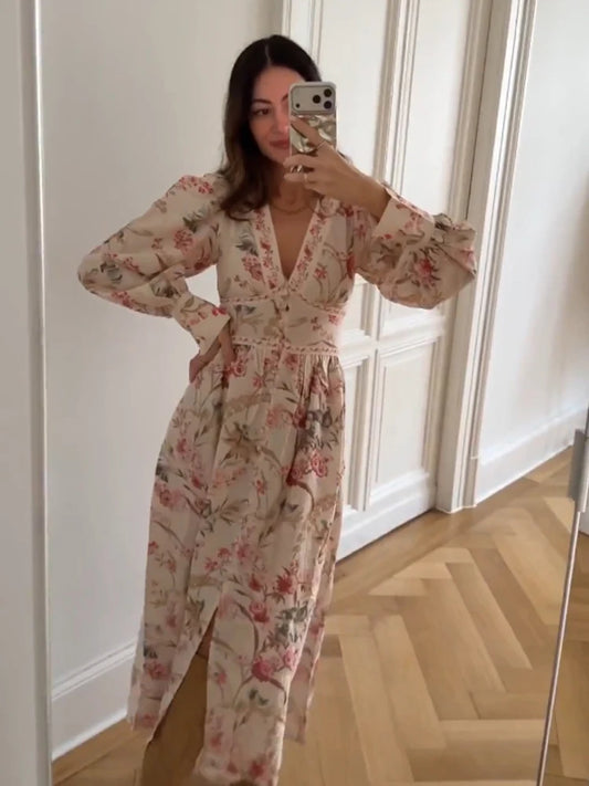 Elegant Vintage Floral Long Dress with Puff Sleeves
