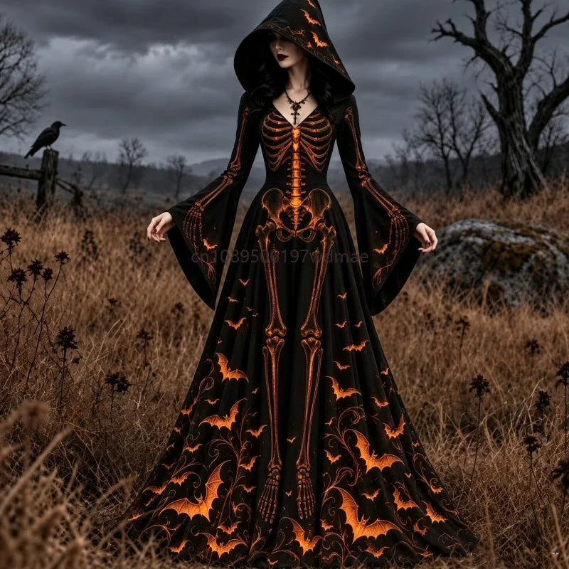 Halloween Day of The Dead Women Gothic Hooded Gown Skeleton Rose Print Flared Sleeve Dress Witch Vampire Party Cosplay Costumes