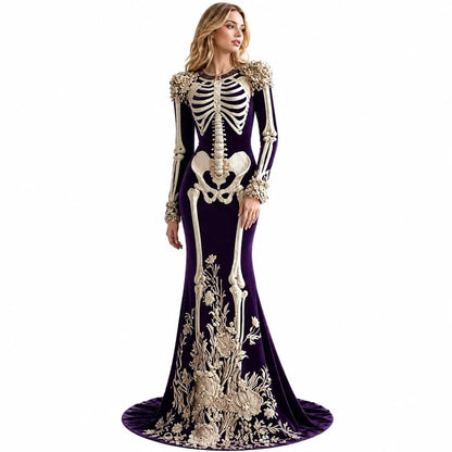 Women Skeleton Dress 3D Print Velvet Floral Long Sleeve Halloween Costumes,Cosplay Party Events Witch Gothic Medieval Dresses