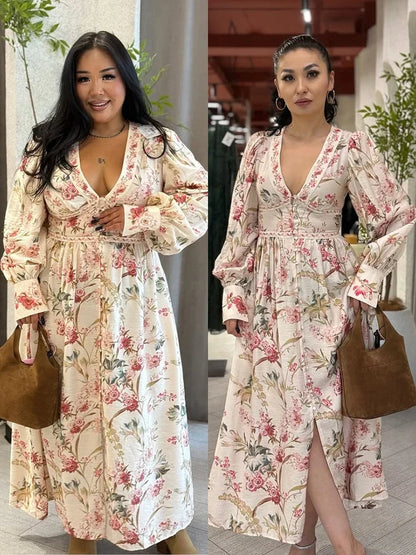 Elegant Vintage Floral Long Dress with Puff Sleeves