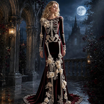 Women Skeleton Dress 3D Print Velvet Floral Long Sleeve Halloween Costumes,Cosplay Party Events Witch Gothic Medieval Dresses