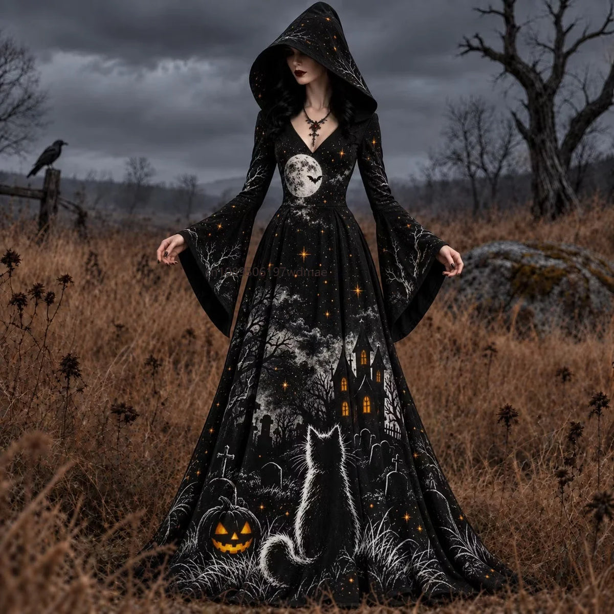 Halloween Day of The Dead Women Gothic Hooded Gown Skeleton Rose Print Flared Sleeve Dress Witch Vampire Party Cosplay Costumes
